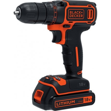 BLACK+DECKER 18V Lithium Ion accu schroef-/boormachine met 1,5Ah accu, 1 variabele snelheid, 11 koppelinstellingen, LED verlic